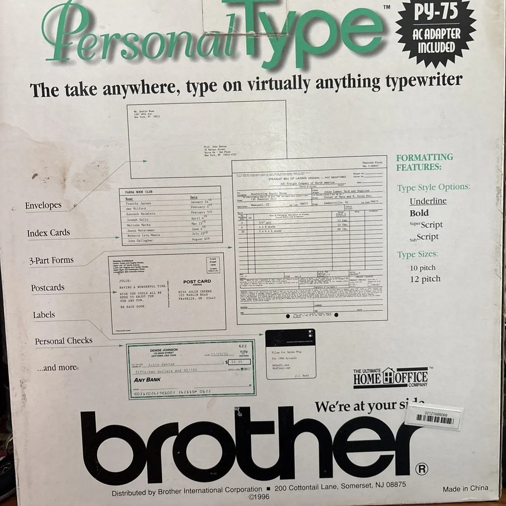 Brother‎ Personal Type Typewriter Py-75 Portable Battery Ac Adapter Paper Card